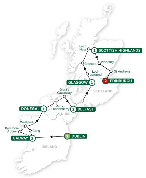 tourhub | Brendan Vacations | Highlights of Ireland and Scotland Summer 2024 | Tour Map