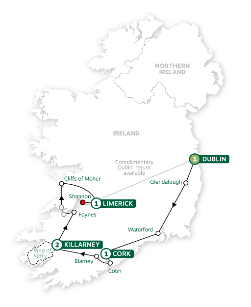 tourhub | Brendan Vacations | Treasures of Ireland End Shannon Summer 24 | Tour Map